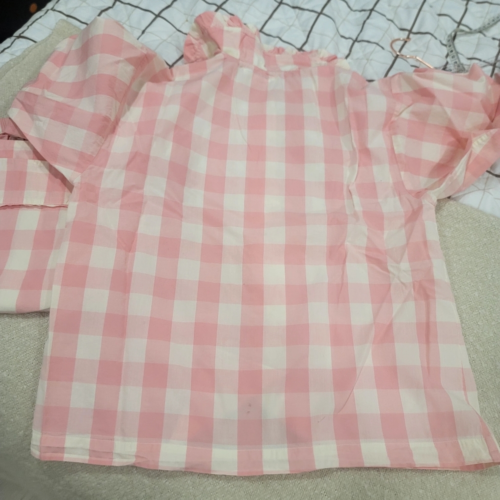 DÔEN Paz Pajama Set in Rosette Gingham Pink White Organic Cotton XS Cottagecore - Picture 7 of 17